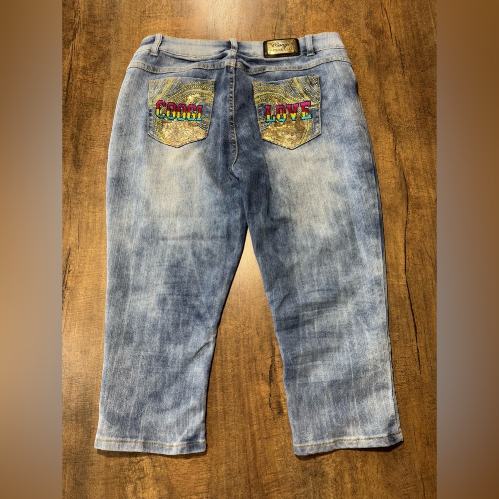 Coogi Love Capris Women’s Embroidered Distressed Blue Jeans Sequin Y2K Size‎ 14W